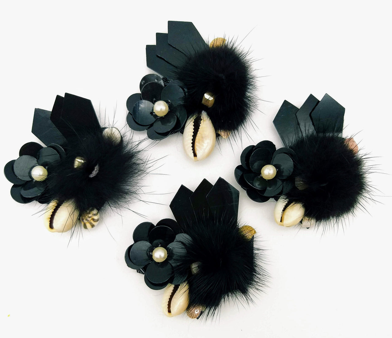 Hand Embroidered Black Applique With Cowrie Shell, Sequins,Pearl and Feather Pom Pom