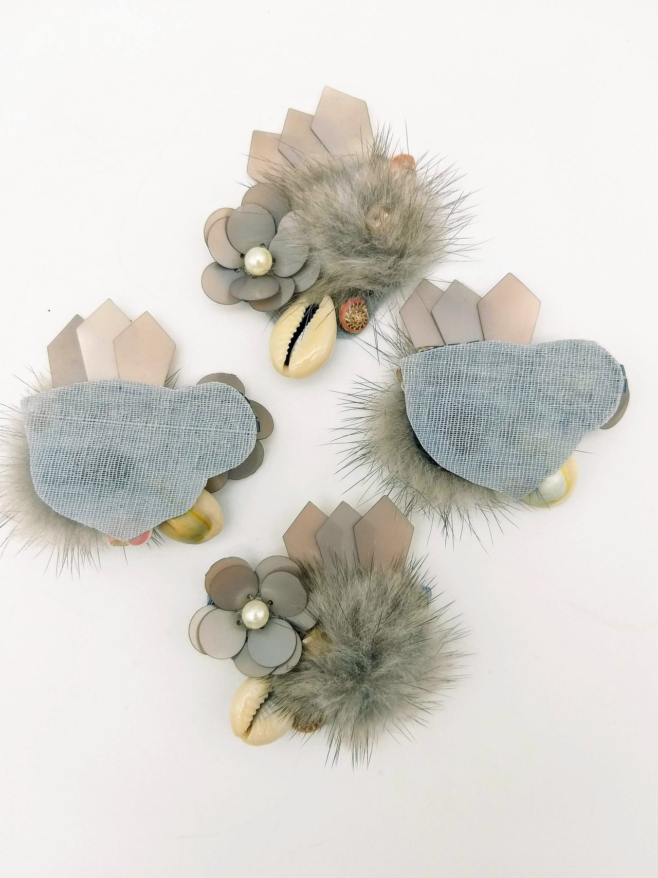 Hand Embroidered Grey Applique With Cowrie Shell, Sequins,Pearl and Feather Pom Pom