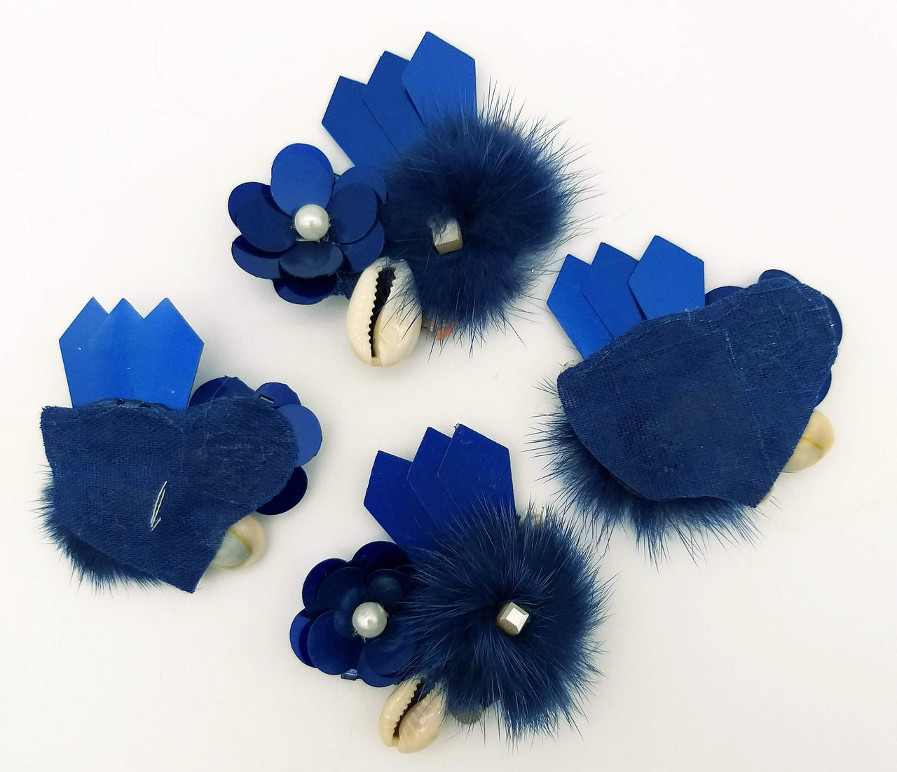 Hand Embroidered Blue Applique With Cowrie Shell, Sequins,Pearl and Feather Pom Pom