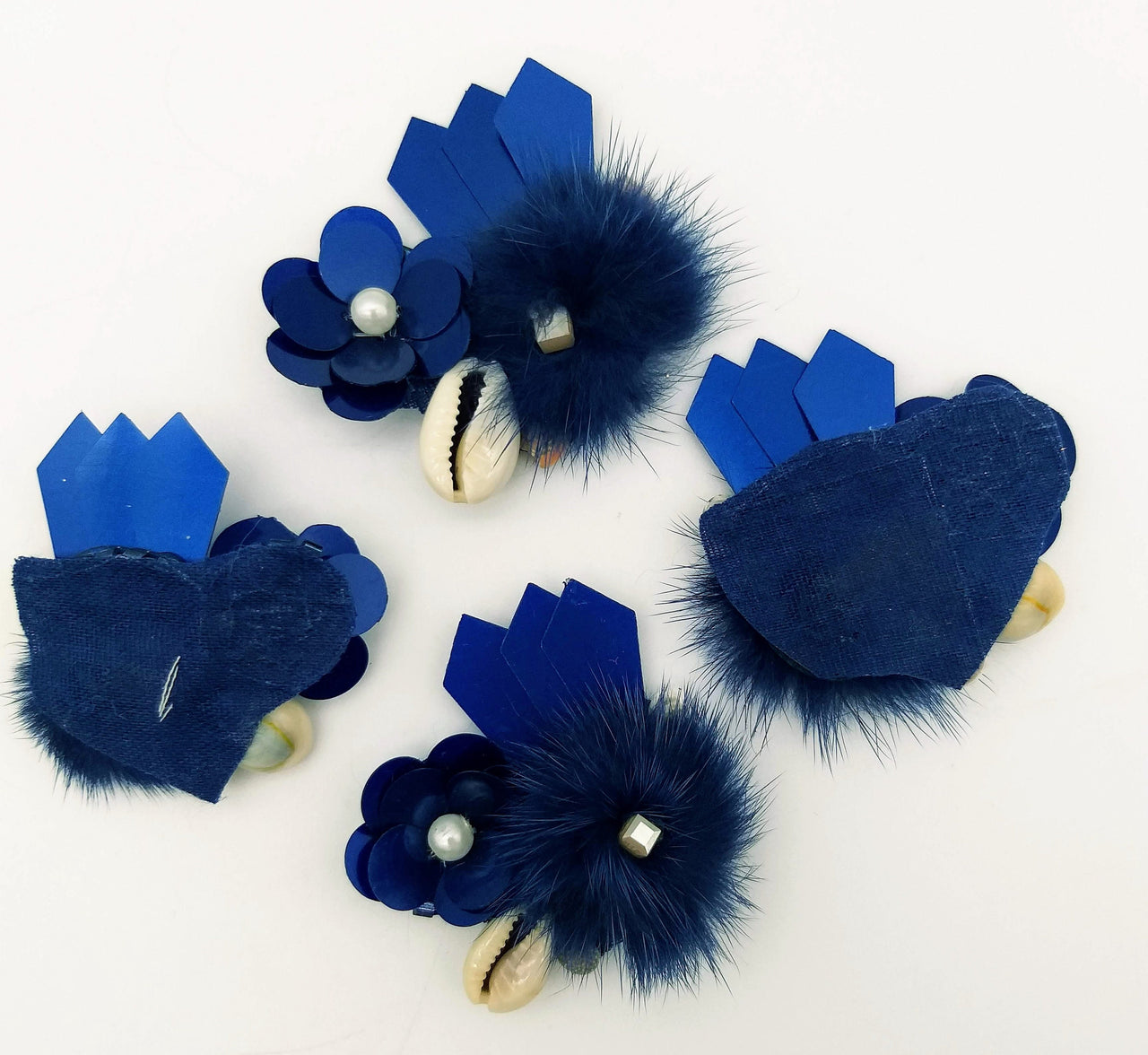 Hand Embroidered Blue Applique With Cowrie Shell, Sequins,Pearl and Feather Pom Pom