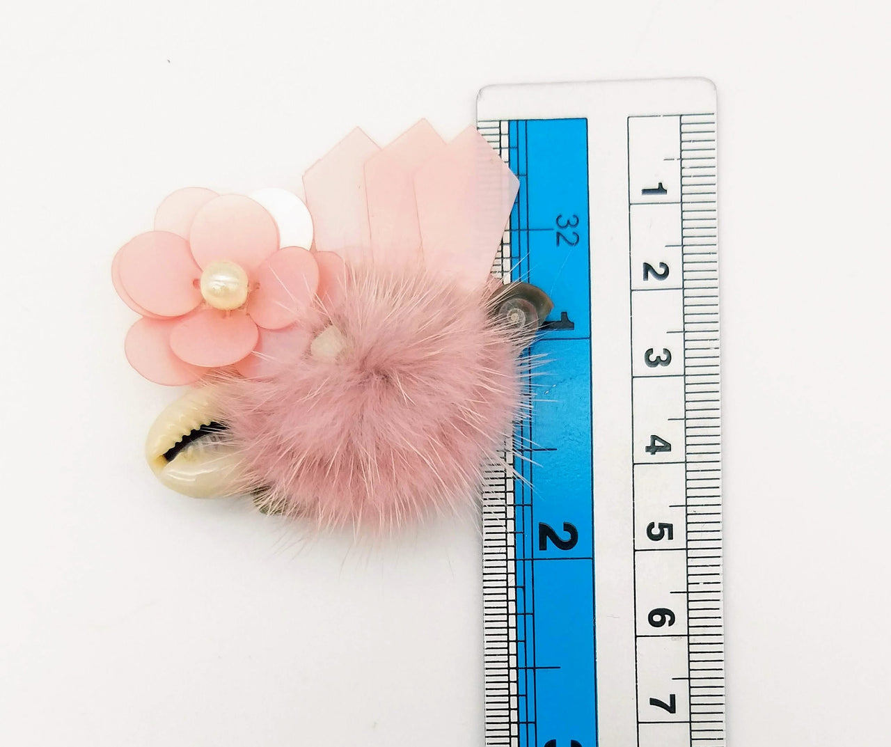 Hand Embroidered Pink Applique With Cowrie Shell, Sequins,Pearl and Feather Pom Pom