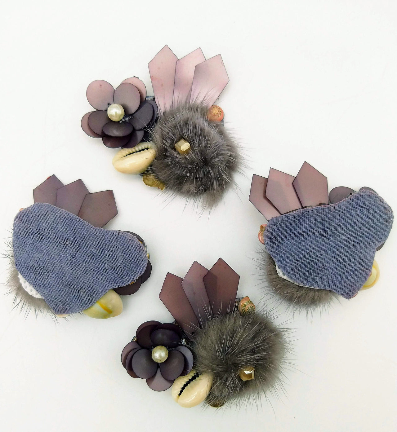Hand Embroidered Metallic Grey Applique With Cowrie Shell, Sequins,Pearl and Feather Pom Pom
