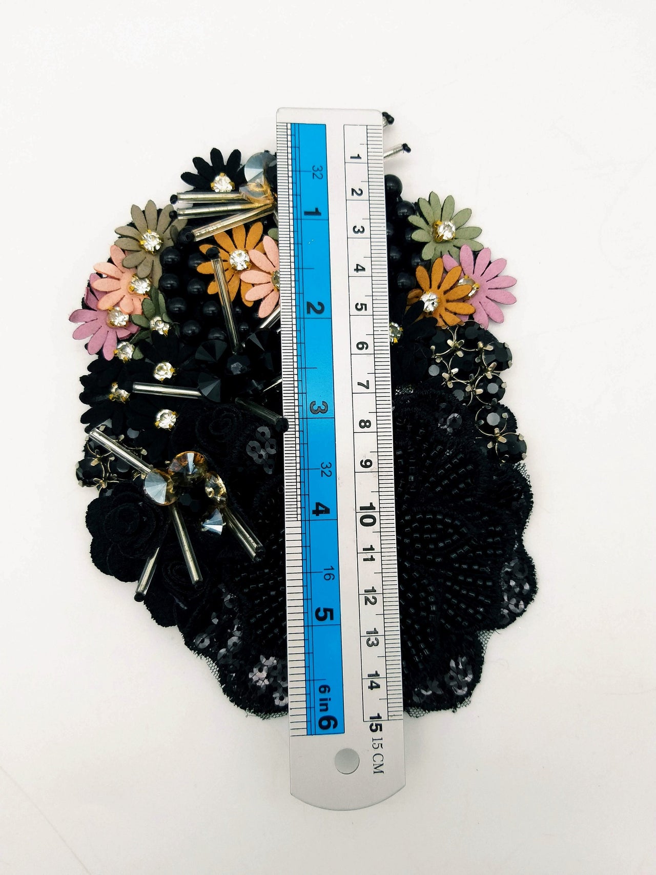 Black Hand Embroidered Floral Applique With Beads, Rhinestones,Bugle Beads