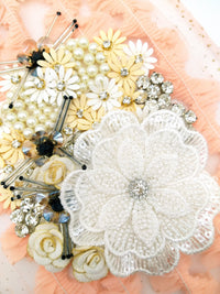 Thumbnail for White Hand Embroidered Floral Applique With Beads, Rhinestones,Bugle Beads
