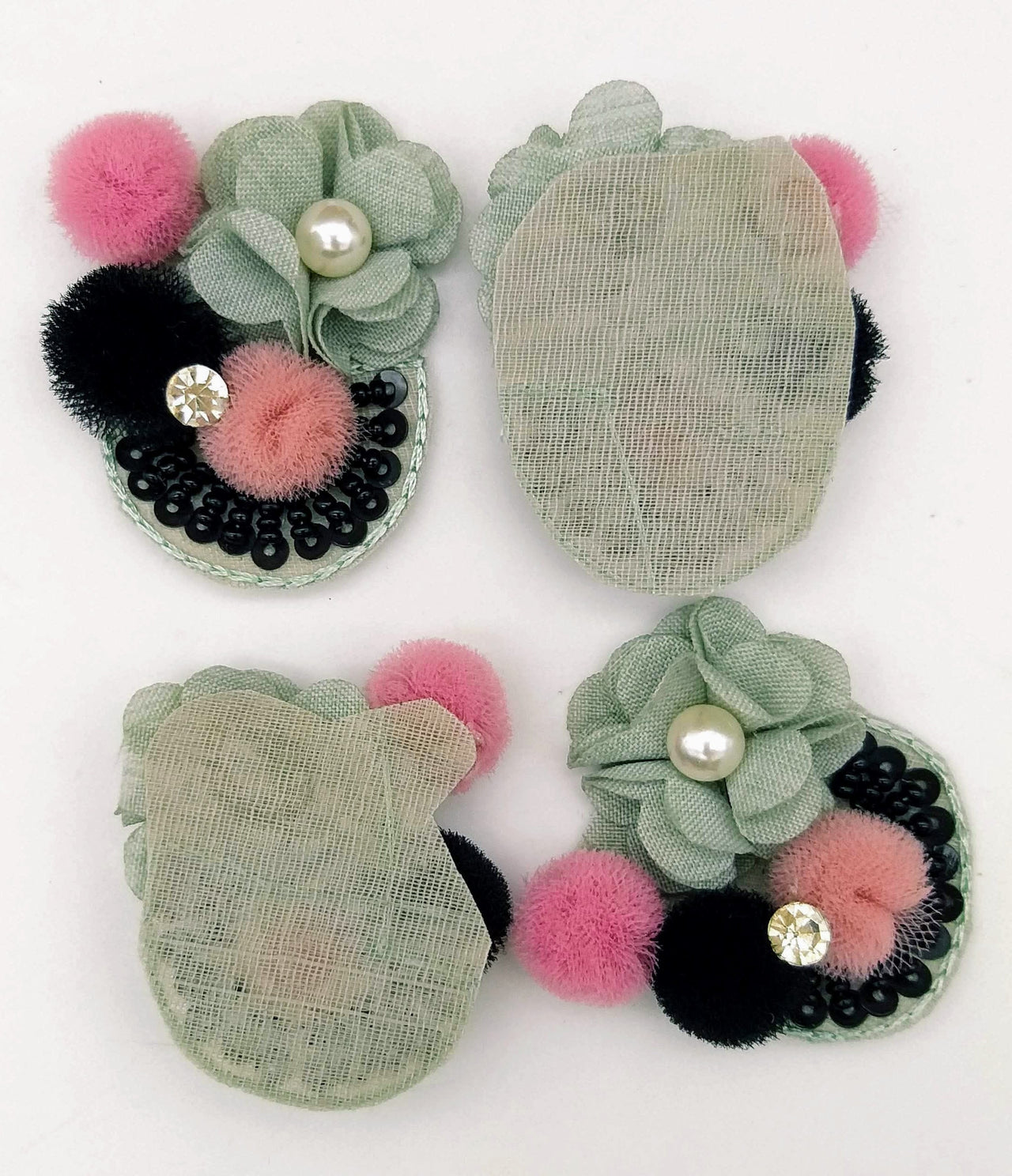 Hand Embroidered Grey, Pink And Black Floral Applique, 2 Pcs