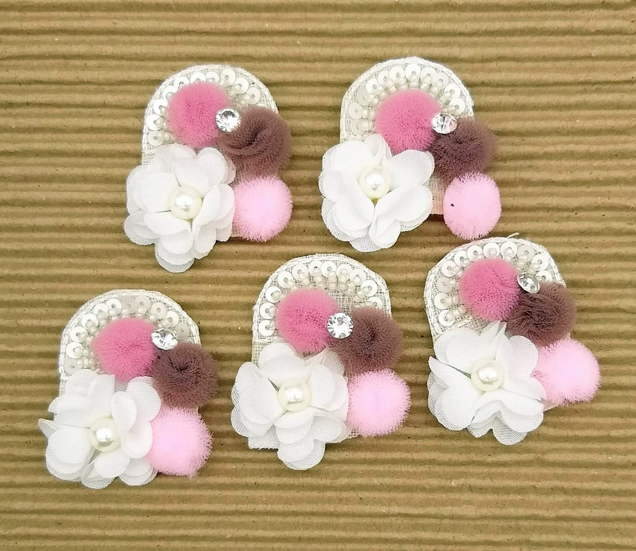 Hand Embroidered White, Pink And Brown Floral Applique, 2 Pcs