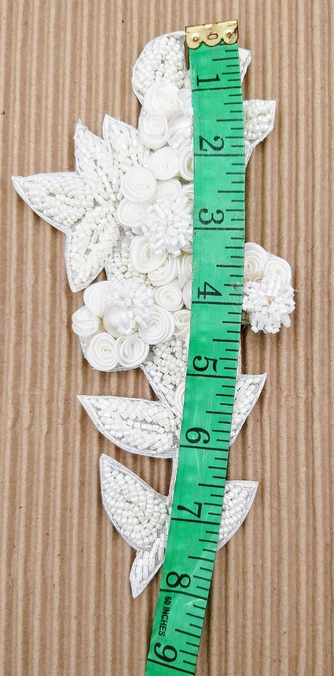 White Hand Embroidered Floral Applique, Beaded Floral Motif