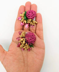 Thumbnail for Handmade Dark Pink Floral Applique with Beads, Flower Motifs x 3