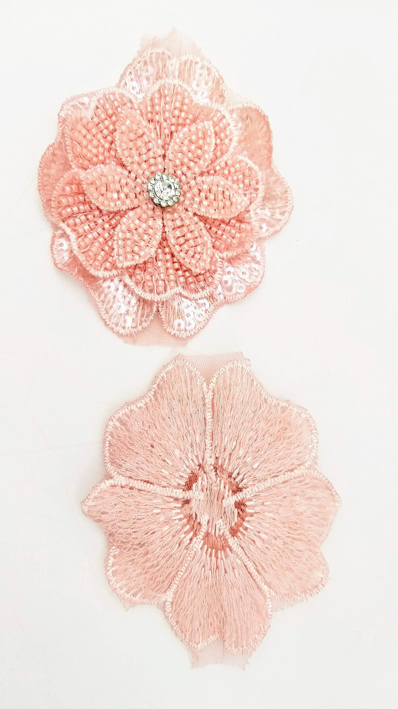 Pink Hand Embroidered Floral Applique With Beads, Crochet Cut Dana Applique, Beaded Flower Motifs