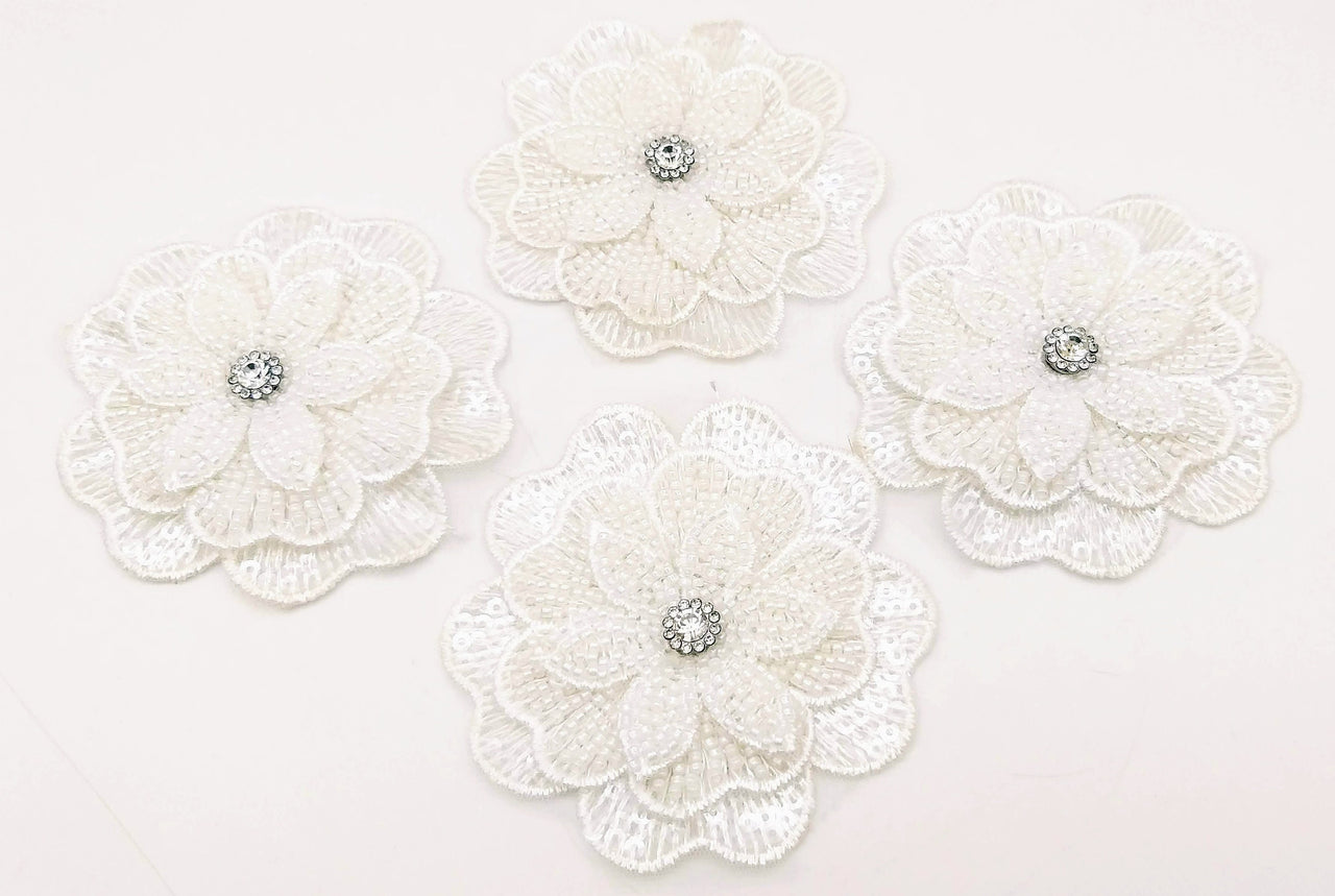 White Hand Embroidered Floral Applique With Beads, Crochet Cut Dana Applique, Beaded Flower Motifs