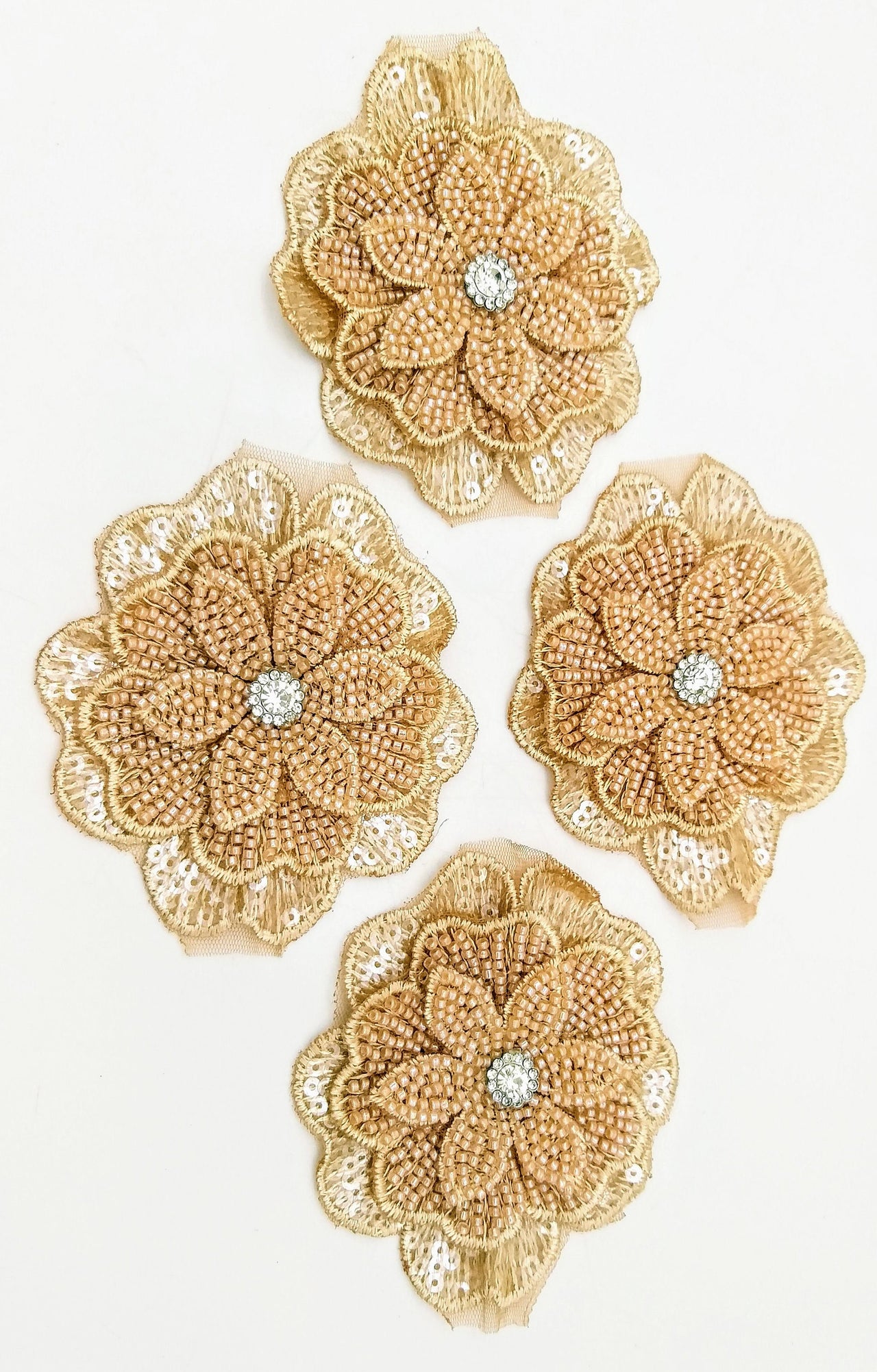 Brown Hand Embroidered Floral Applique With Beads, Crochet Cut Dana Applique, Beaded Flower Motifs