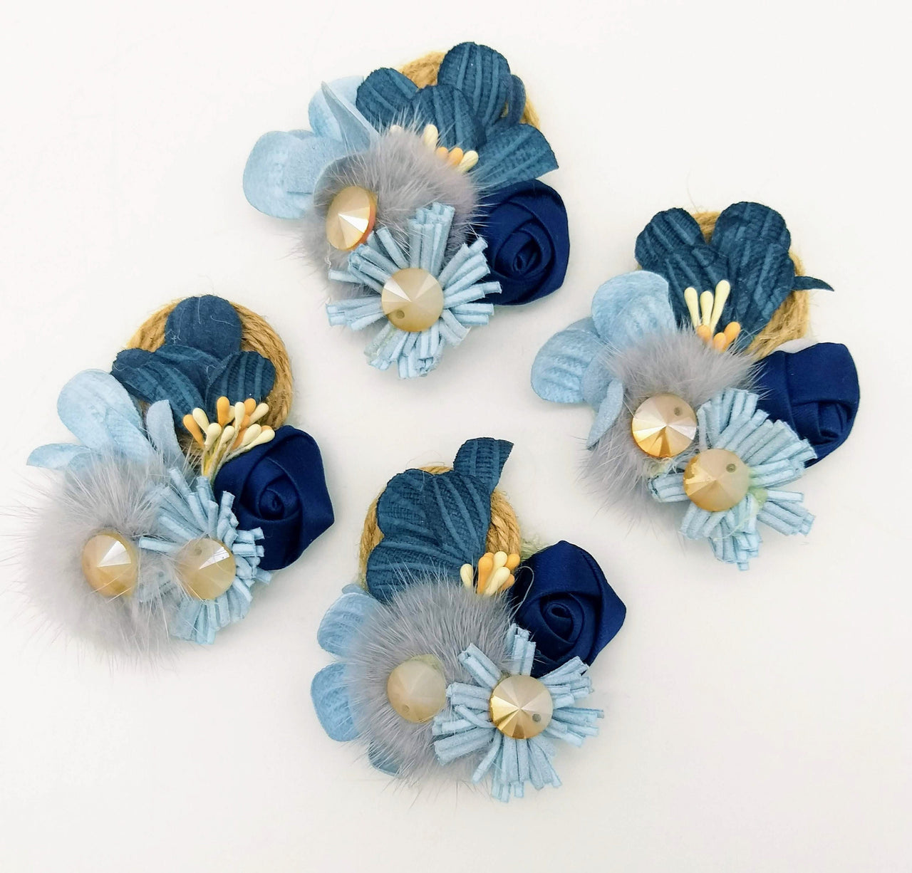 Hand Embroidered Blue Floral Applique With Feather Pom Poms and Stones, 2 Pcs