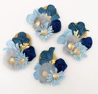 Thumbnail for Hand Embroidered Blue Floral Applique With Feather Pom Poms and Stones, 2 Pcs
