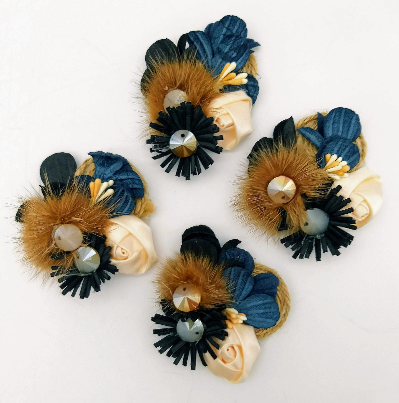 Hand Embroidered Blue and Brown Floral Applique With Feather Pom Poms and Stones, 2 Pcs