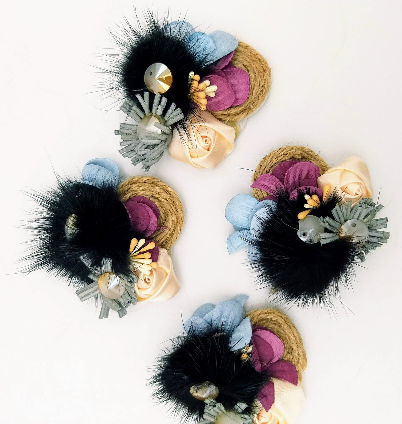 Hand Embroidered Black and Beige Floral Applique With Feather Pom Poms and Stones, 2 Pcs