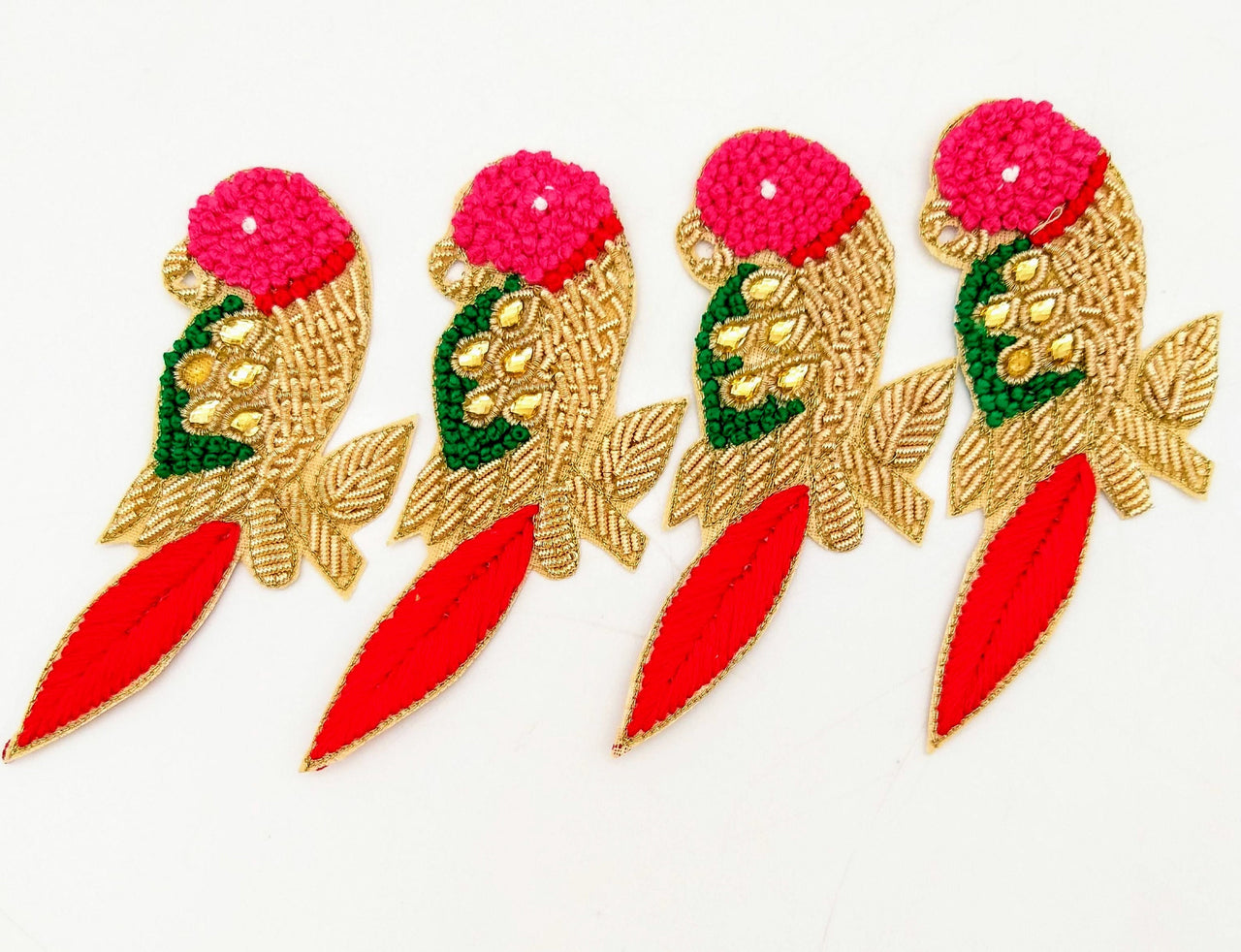 Hand Embroidered Bird Applique With Pink and Red Embroidery With Antique Gold Zardozi Work, Parrot Applique, Knot Embroidered Applique
