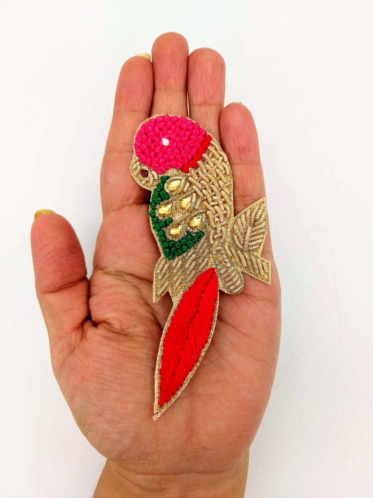 Hand Embroidered Bird Applique With Pink and Red Embroidery With Antique Gold Zardozi Work, Parrot Applique, Knot Embroidered Applique