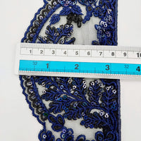 Thumbnail for Black Net Scallop Lace Trim with Navy Blue Floral Embroidery With Sequins, Sari Border, Embroidered Trim