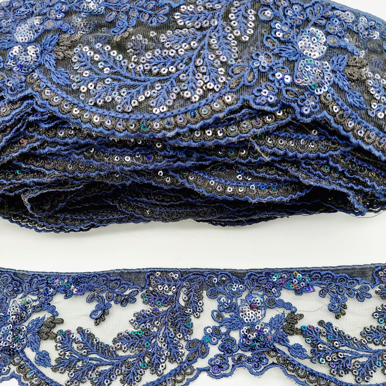 Black Net Scallop Lace Trim with Navy Blue Floral Embroidery With Sequins, Sari Border, Embroidered Trim