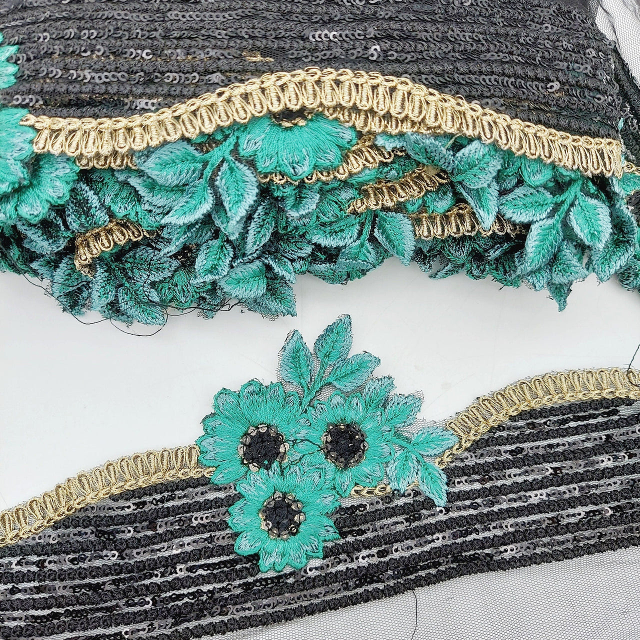 Black Net Scallop Cutwork Lace Trim with Blue Floral Embroidery With Sequins, Sari Border, Embroidered Trim