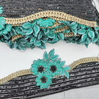 Thumbnail for Black Net Scallop Cutwork Lace Trim with Blue Floral Embroidery With Sequins, Sari Border, Embroidered Trim