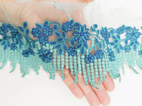 Thumbnail for Cyan Blue Net Scallop Lace Trim with Navy Blue Floral Embroidery And Blue Sequins, Sari Border, Embroidered Trim