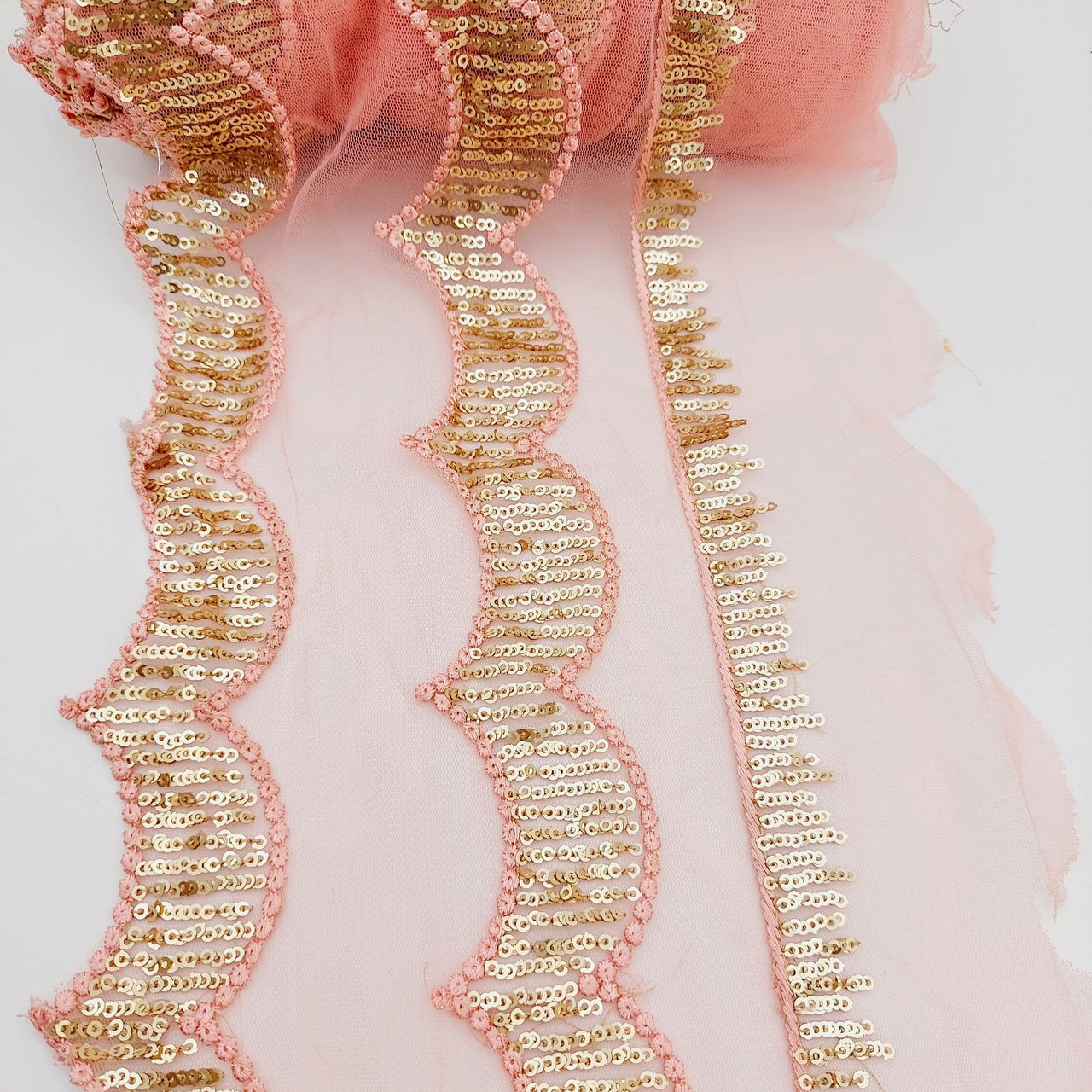 Salmon Pink Net Scallop Lace Trim with Gold Sequins, Sari Border, Embroidered Trim