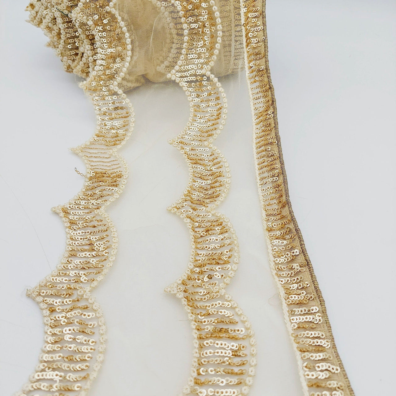 Beige Net Scallop Lace Trim with Gold Sequins, Sari Border, Embroidered Trim