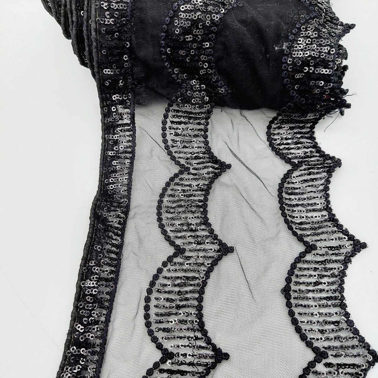 Black Net Scallop Lace Trim with Black Sequins, Sari Border, Embroidered Trim