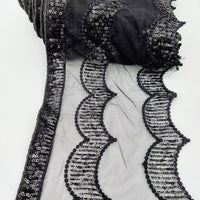 Thumbnail for Black Net Scallop Lace Trim with Black Sequins, Sari Border, Embroidered Trim