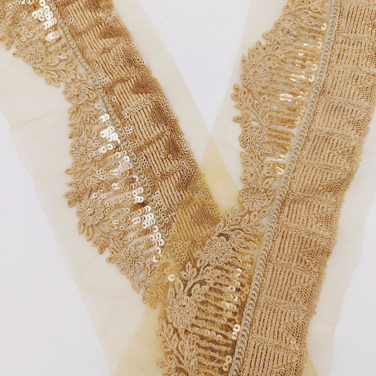 Gold Net Lace Trim with Floral Embroidery and Sequins, Sari Border, Embroidered Trim