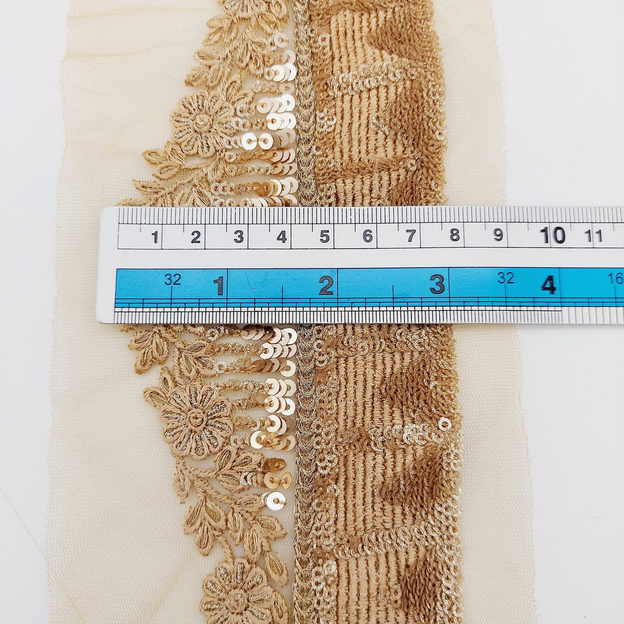 Gold Net Lace Trim with Floral Embroidery and Sequins, Sari Border, Embroidered Trim
