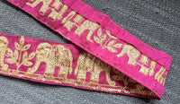 Thumbnail for Maroon Art Silk Fabric Trim With Intricate Elephant Embroidery Antique Gold, Saree Border, Lace Trim
