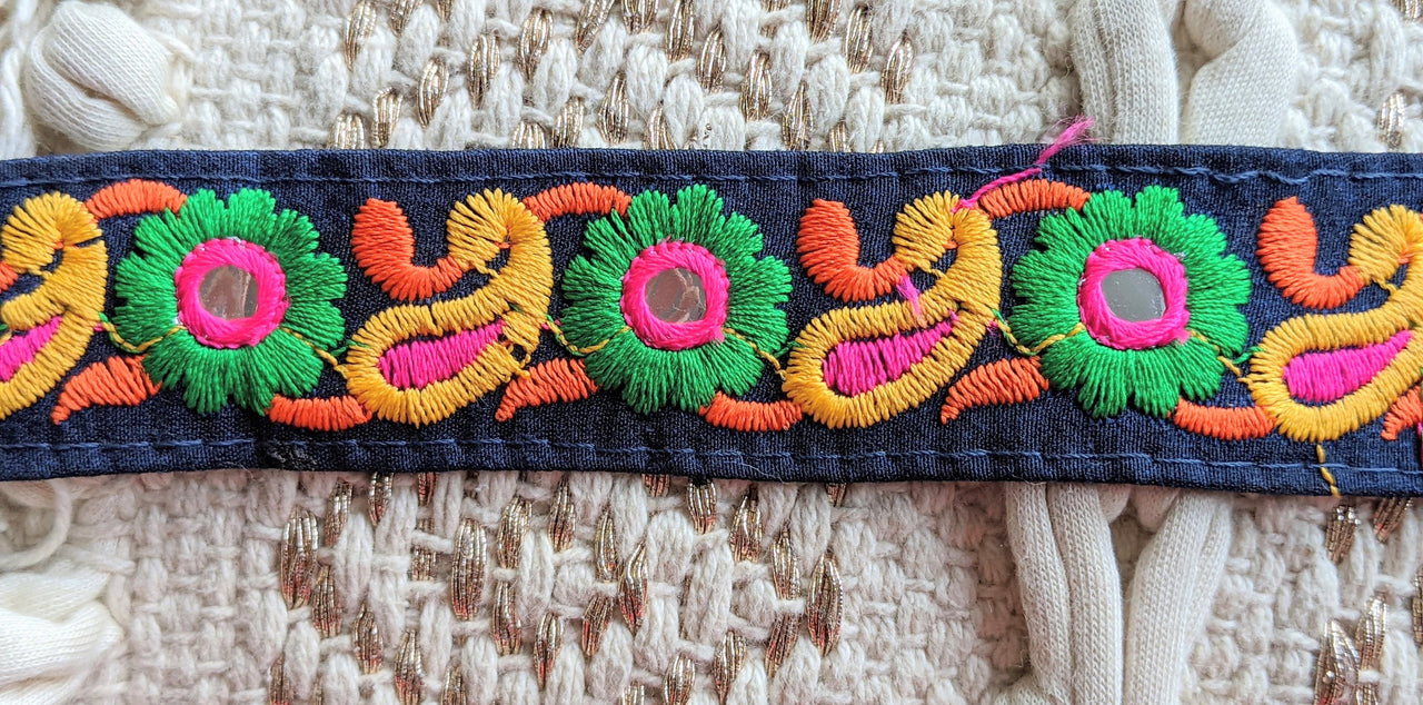 Navy Blue Floral Mirrored Trim With Green Flowers And Yellow Paisley Embroidery, Decorative Trimming, Trim By 3 Yards
