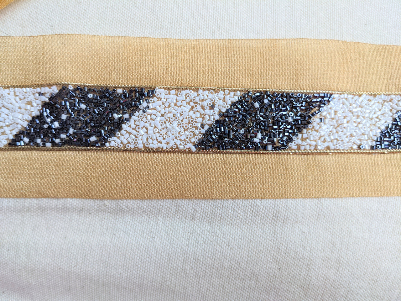 Beige Fabric Trim With White And Metallic Grey Bugle Beads Embellishments, Beaded Trim, Saree Border