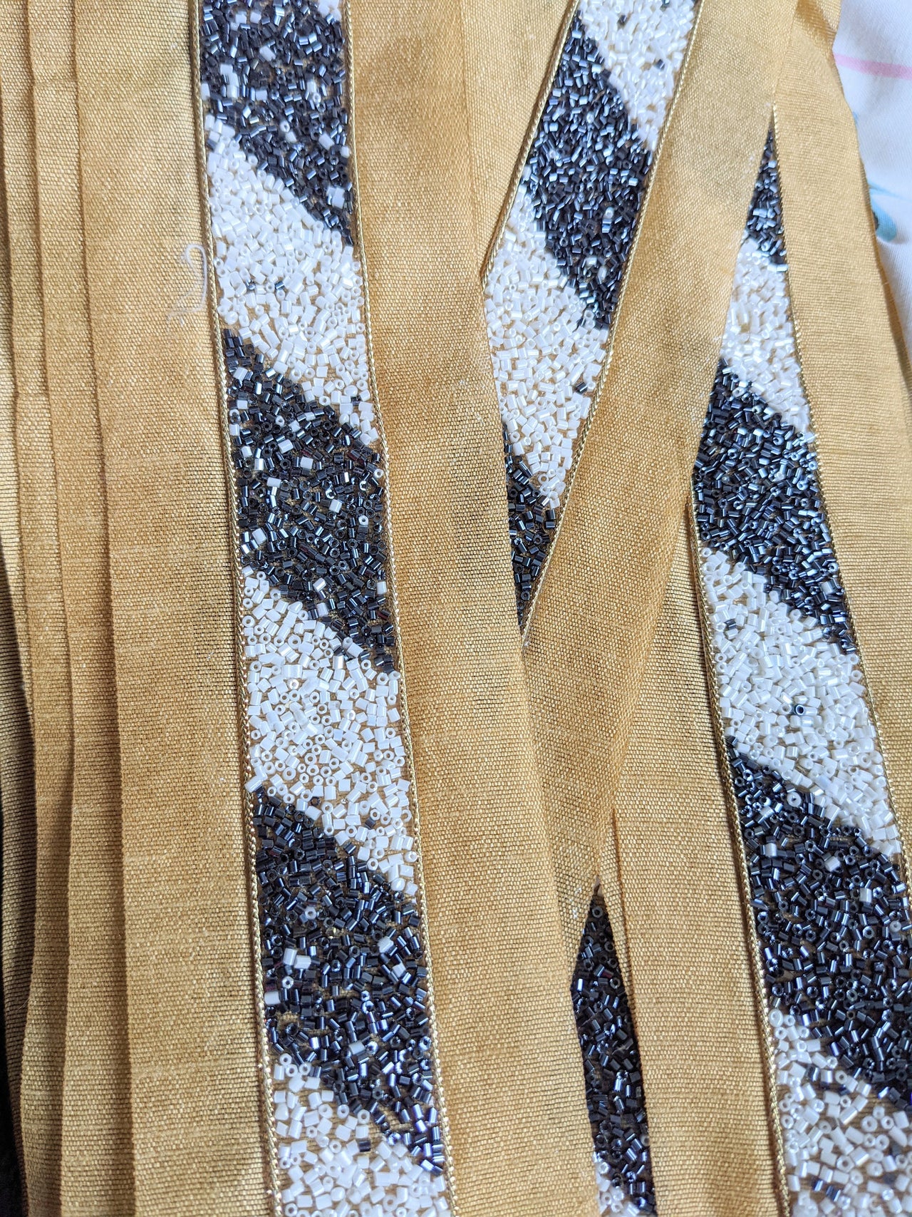 Beige Fabric Trim With White And Metallic Grey Bugle Beads Embellishments, Beaded Trim, Saree Border