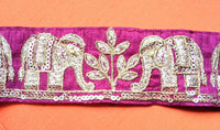 Thumbnail for Maroon Art Silk Fabric Trim With Intricate Elephant Embroidery Antique Gold, Saree Border, Lace Trim