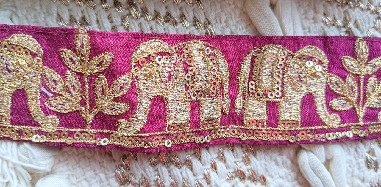 Maroon Art Silk Fabric Trim With Intricate Elephant Embroidery Antique Gold, Saree Border, Lace Trim