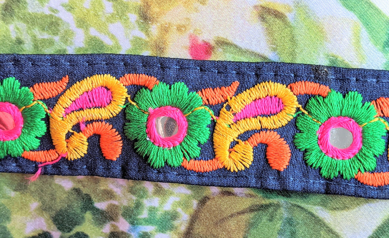 Navy Blue Floral Mirrored Trim With Green Flowers And Yellow Paisley Embroidery, Decorative Trimming, Trim By 3 Yards