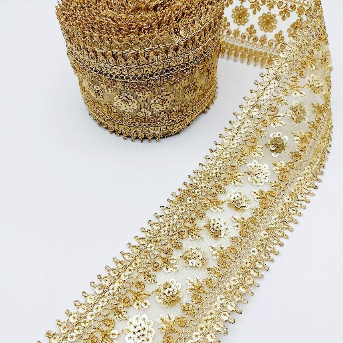 Gold Sequins Trim 2 Yards Decorative Embroidered Lace Sari Border Costume Ribbon Crafting Sewing Tape
