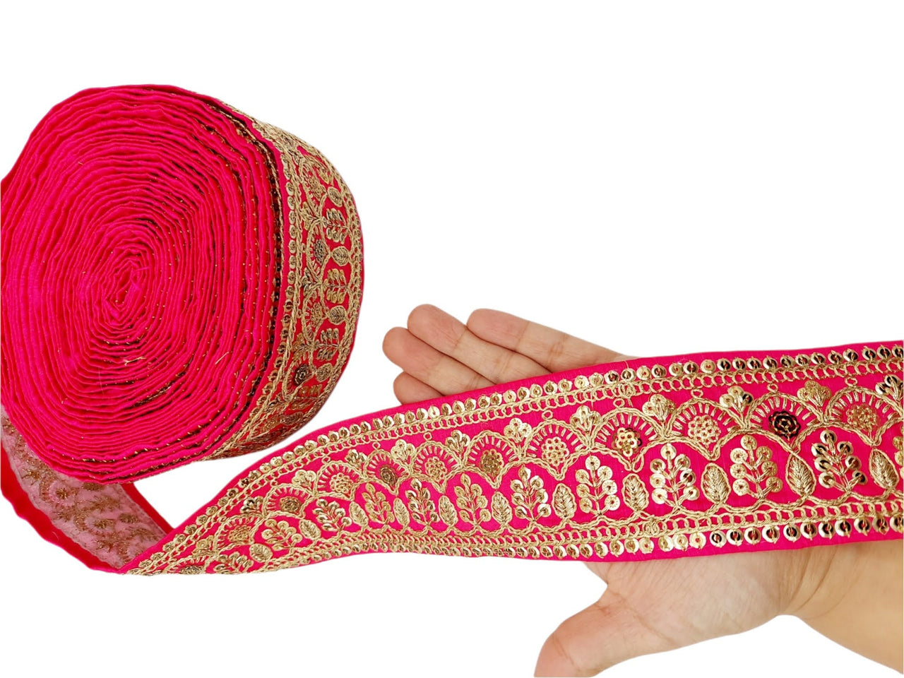 2 Yards Dark Pink Gold Embroidered Lace Trim Sequins Trim Decorative Sari Border Costume Ribbon Crafting Sewing Tape