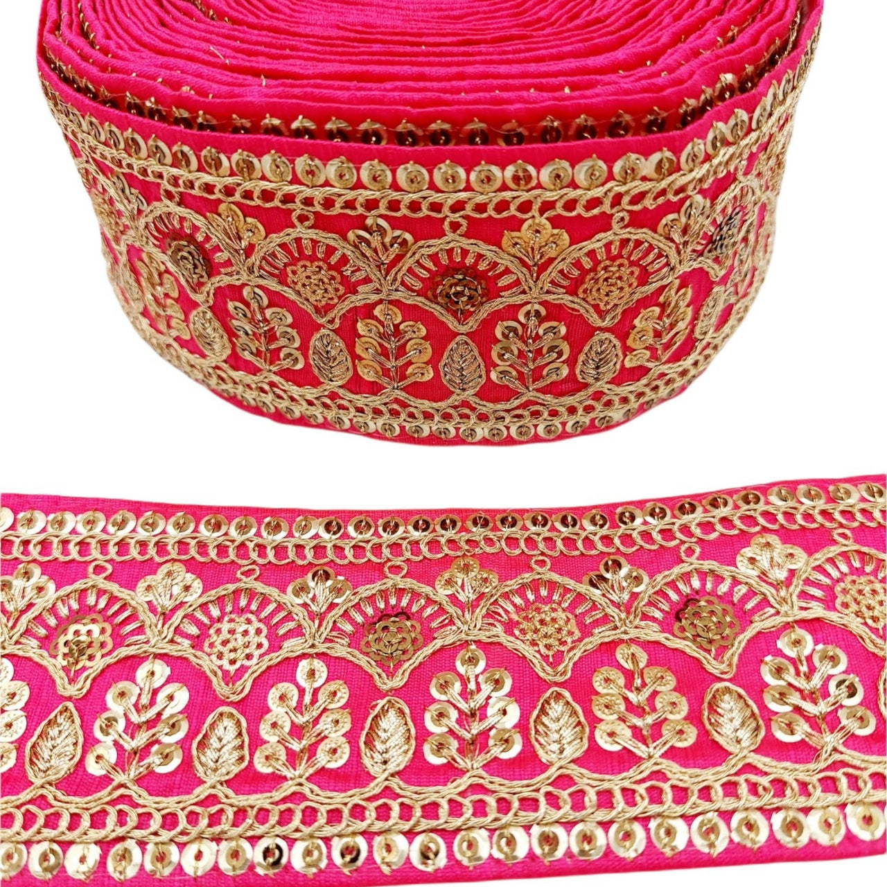 2 Yards Dark Pink Gold Embroidered Lace Trim Sequins Trim Decorative Sari Border Costume Ribbon Crafting Sewing Tape