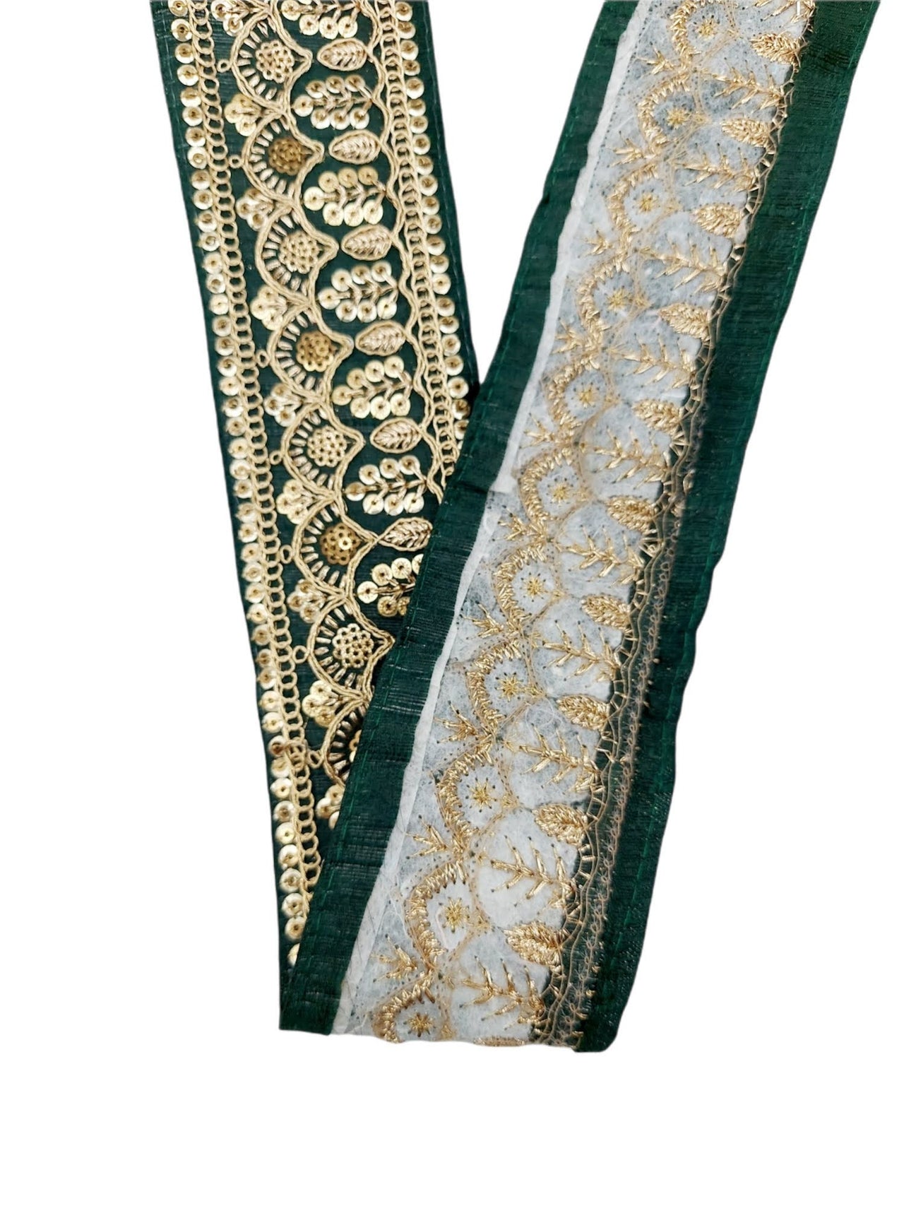 2 Yards, Dark Green Gold Embroidered Lace Trim Sequins Trim Decorative Sari Border Costume Ribbon Crafting Sewing Tape
