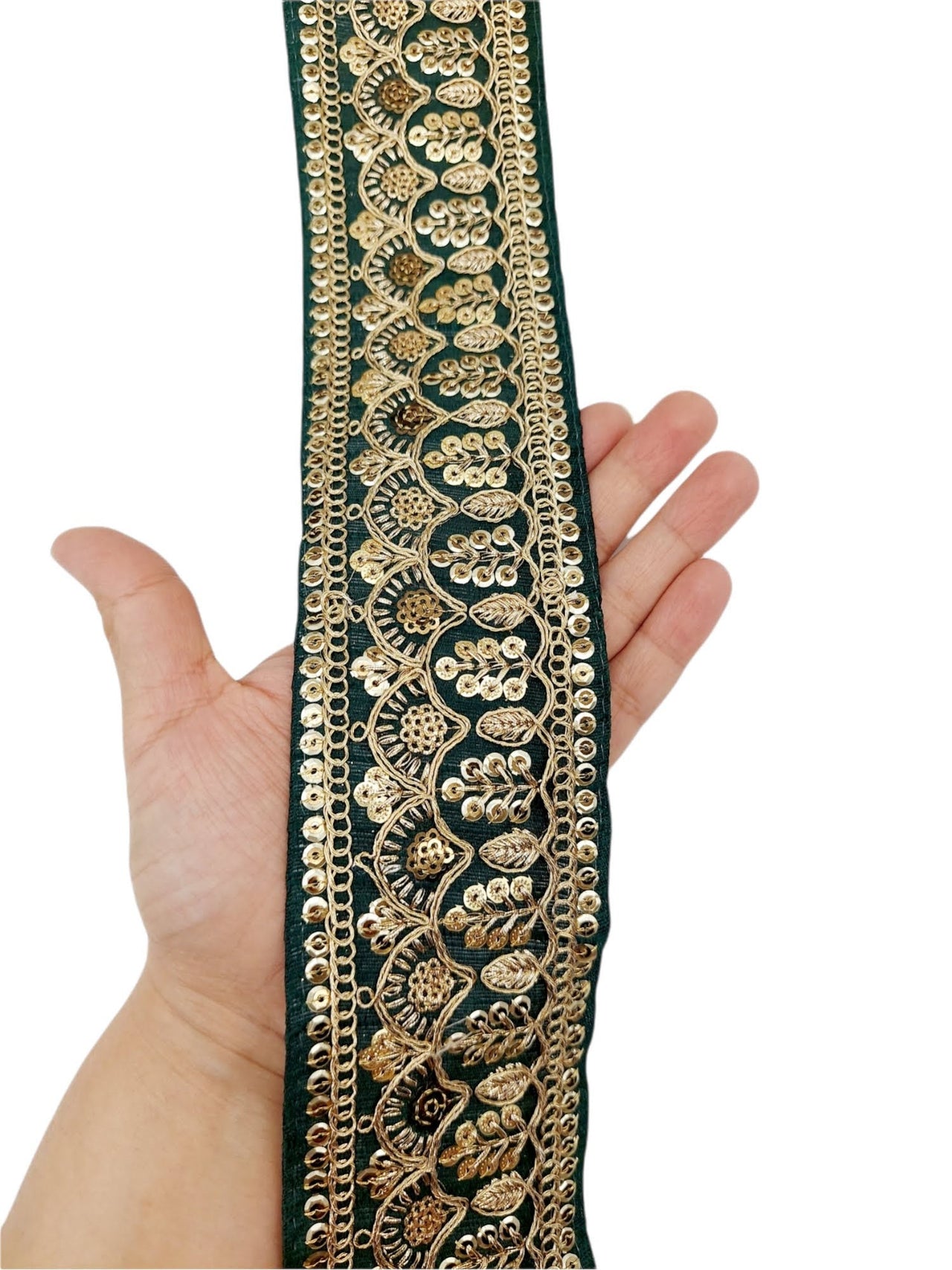 2 Yards, Dark Green Gold Embroidered Lace Trim Sequins Trim Decorative Sari Border Costume Ribbon Crafting Sewing Tape