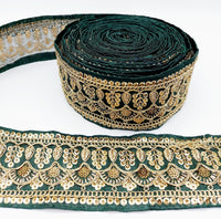 Thumbnail for Dark Green Gold Embroidered Lace Trim Sequins Trim 9 Yard Decorative Sari Border Costume Ribbon Crafting Sewing Tape