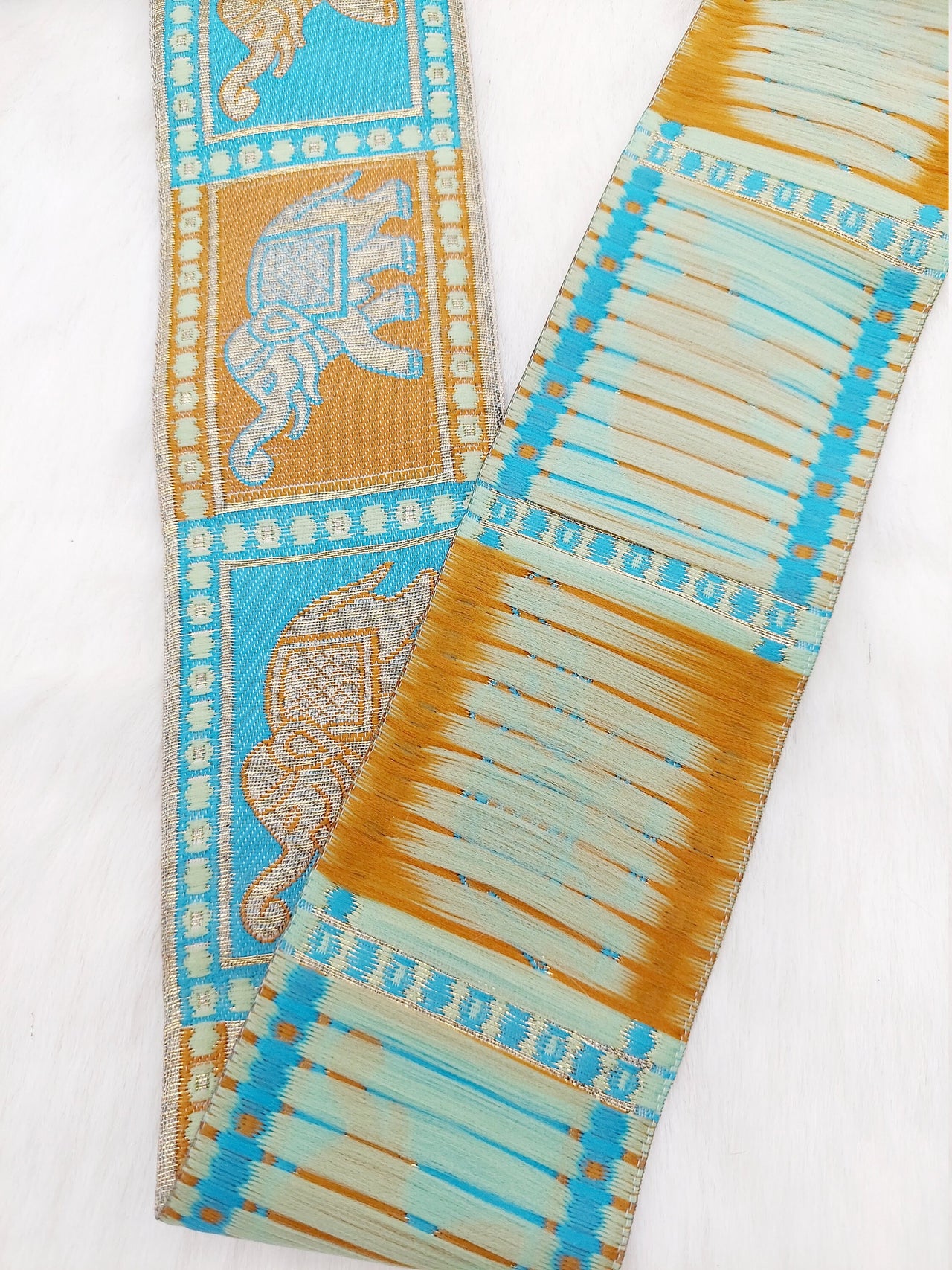 Beige Shimmer Jacquard Brocade Saree Border Trim with Elephant Woven in Brown and Blue, 9 Yards