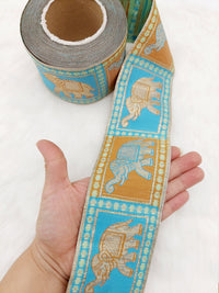 Thumbnail for Beige Shimmer Jacquard Brocade Saree Border Trim with Elephant Woven in Brown and Blue, 9 Yards