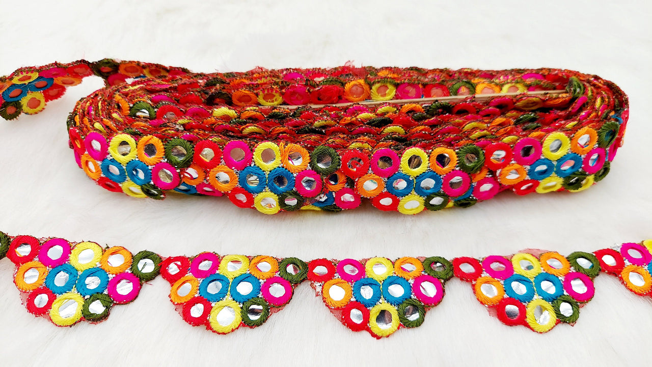 Multicoloured Indian Foil Mirror Trim, Kutch Embroidered Navratri Garba Dress Trim Bridal Lace, Indian Sari Border 9 Yards