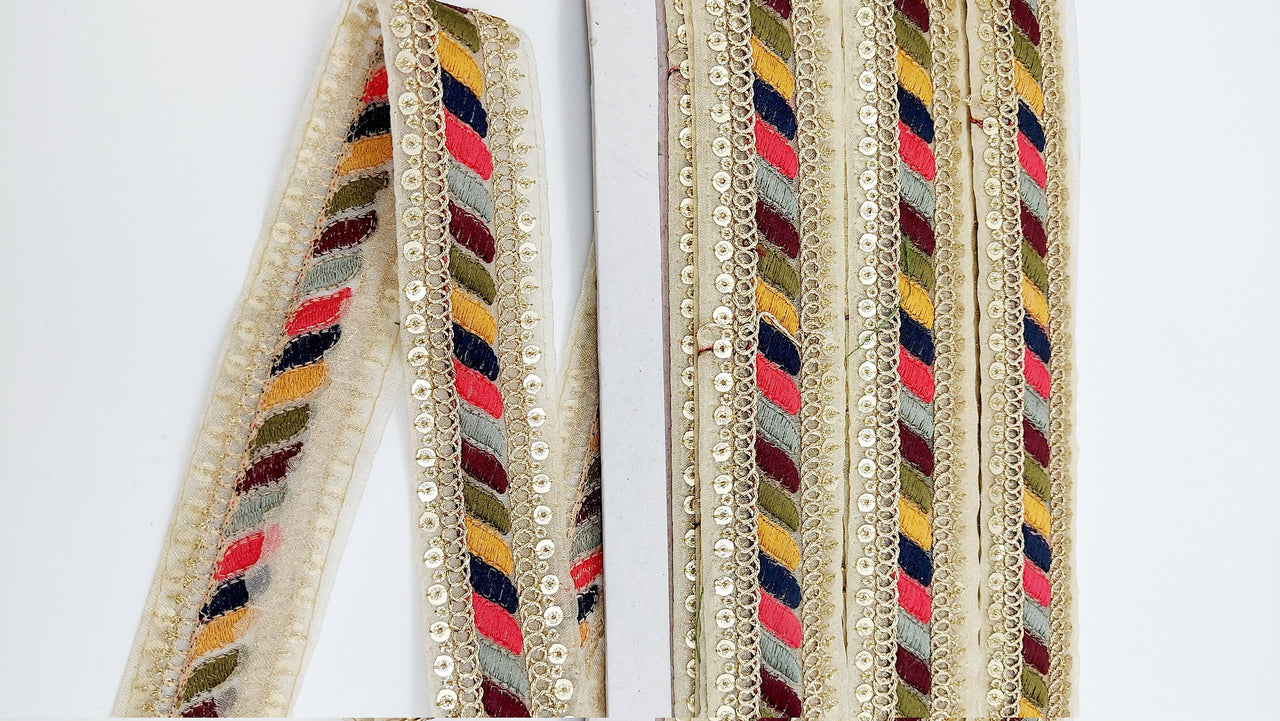 Tissue Fabric Sequin Border, Beige Shimmer Tissue Fabric Lace Trim Stripes Embroidery, Decorative Trim