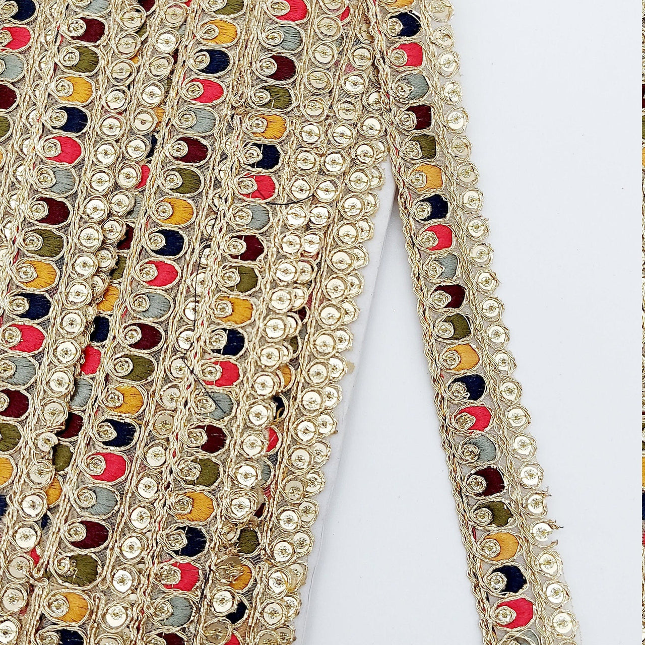 Multicoloured Tissue Fabric Sequin Border, Beige Shimmer Lace Trim, Decorative Trim